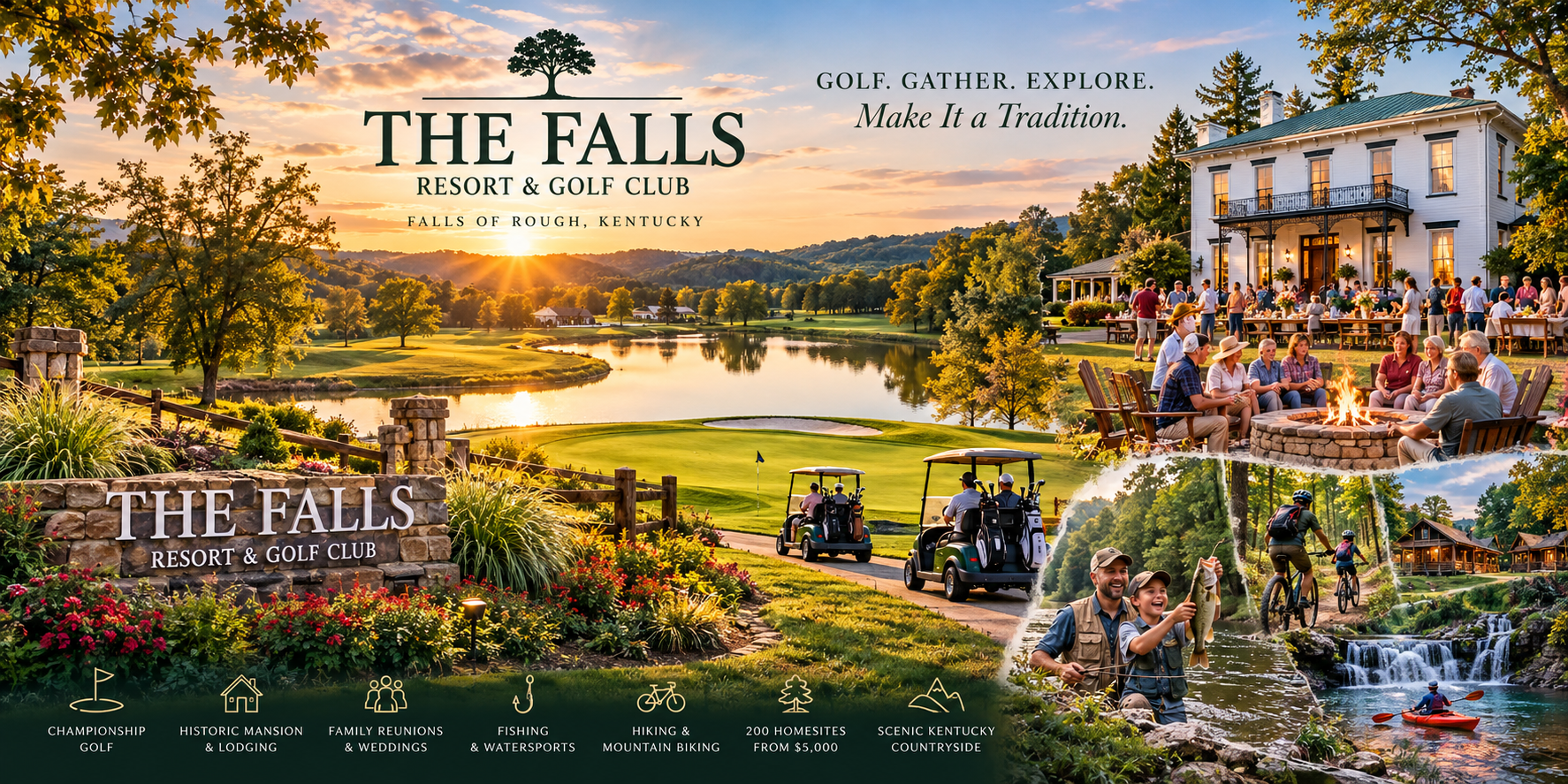 Illustrated overview of The Falls Resort and Golf Club: Kentucky golf, mansion gatherings, fishing, biking and lakeside scenery