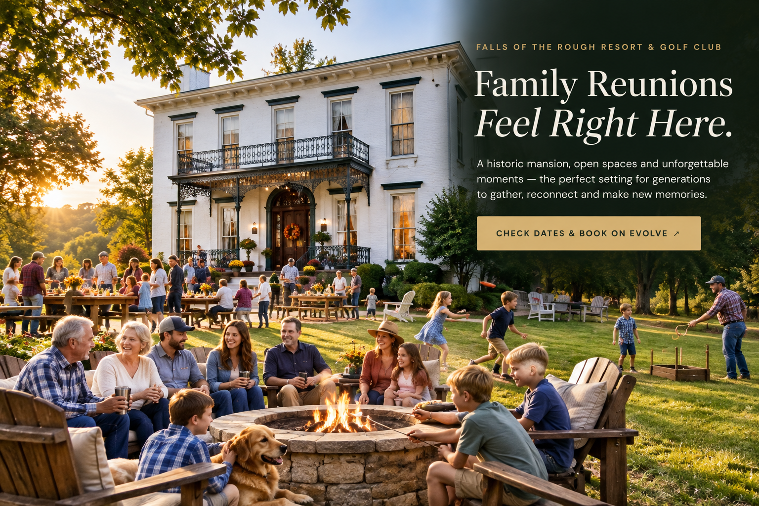 Illustrative family reunion gathering outside the historic mansion