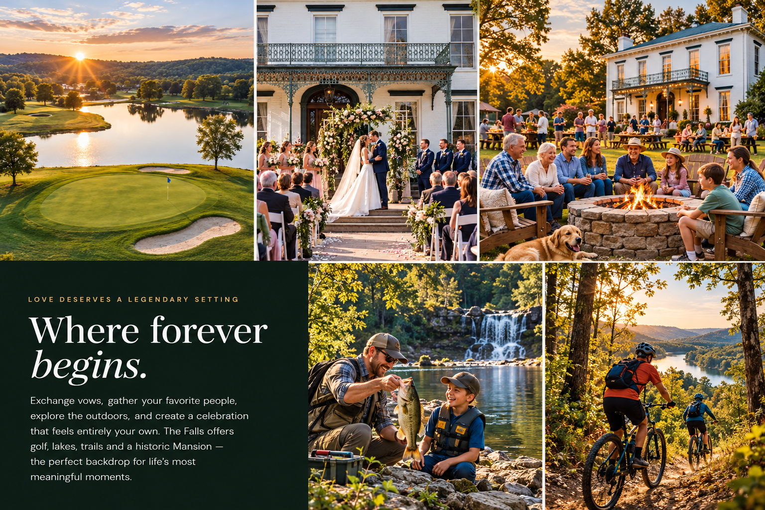 Five illustrated Falls of Rough experiences: sunset golf, a mansion wedding, family reunion, father and son fishing, and mountain biking, alongside Where forever begins message